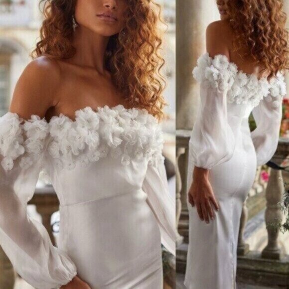 NWT Alamour The Label Suzette Off Shoulder Applique Floral Bride Dress Size M - Picture 3 of 14